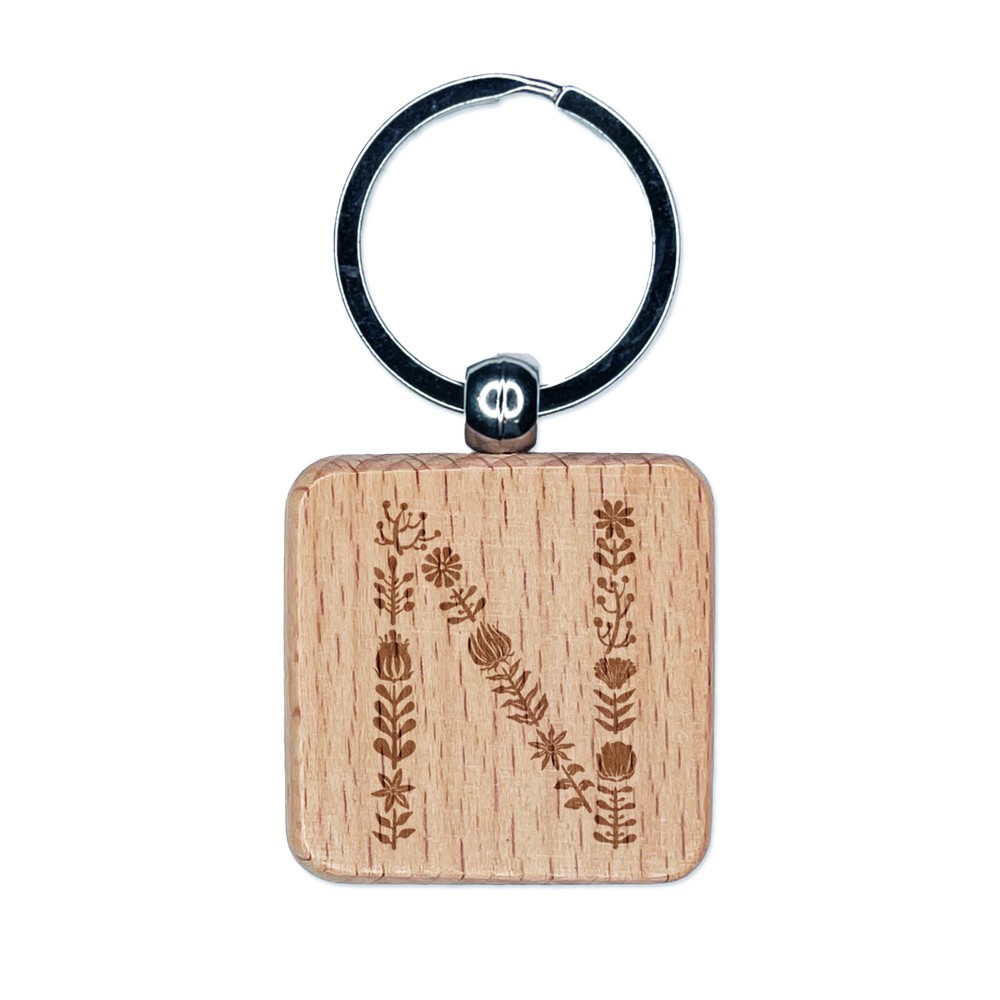 Elegant Botanical Floral Letter N Engraved Wood Square Keychain Tag Charm