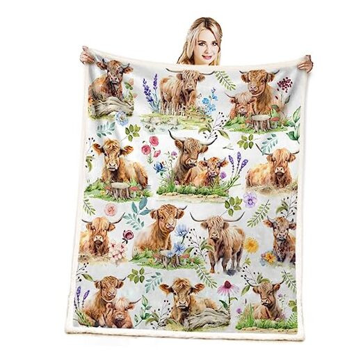 Spring Floral Highland Cow Print Blanket,Highland Cow Decor 50