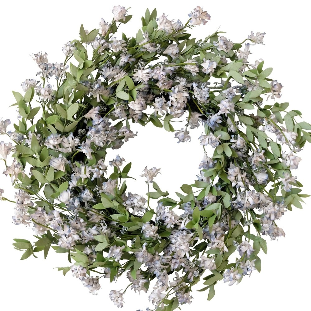 Coastal Light Blue Forsythia Wreath with Green Leaves for Front Door Decor