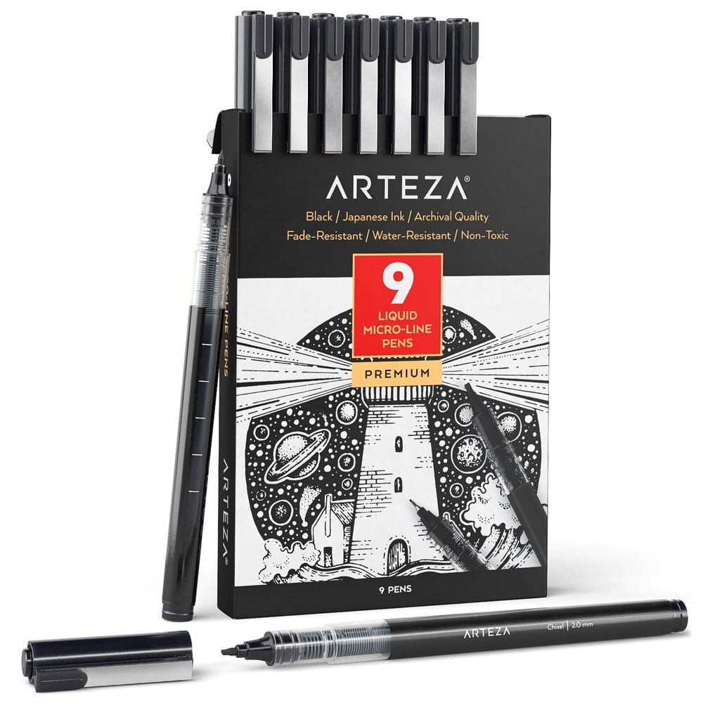 ARTEZA Micro-Line Ink Pens, Set of 9, Black Fineliners with Japanese Archival...