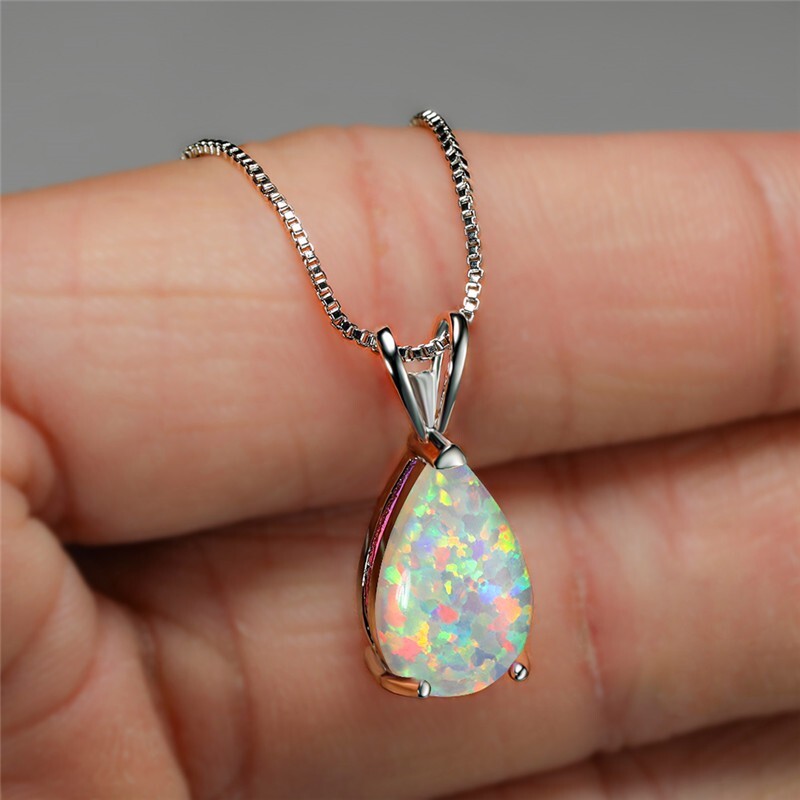 White Opal Stone Pendant Minimalist Droplet Opal Charm Necklace Sterling Silver
