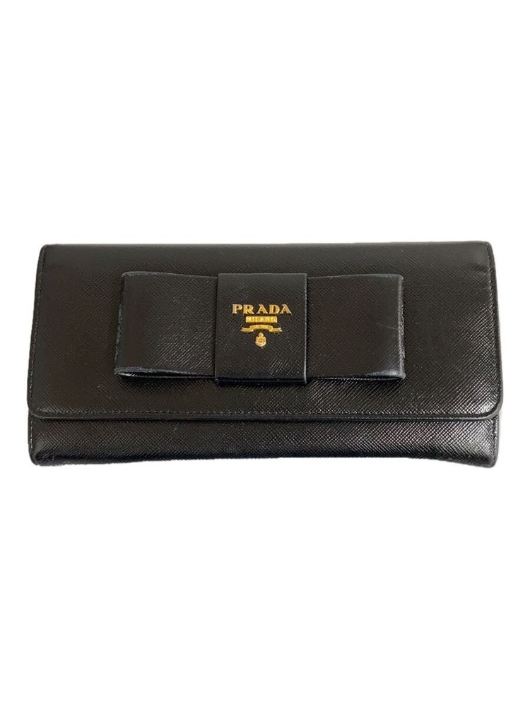 PRADA Long Wallet Leather BLK Plain Ladies Saffiano Ribbon