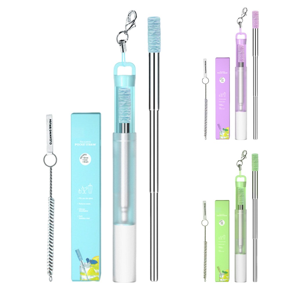 5'' Long Reusable Straws Stainless Steel Drinking with Case Clean Brush Portable