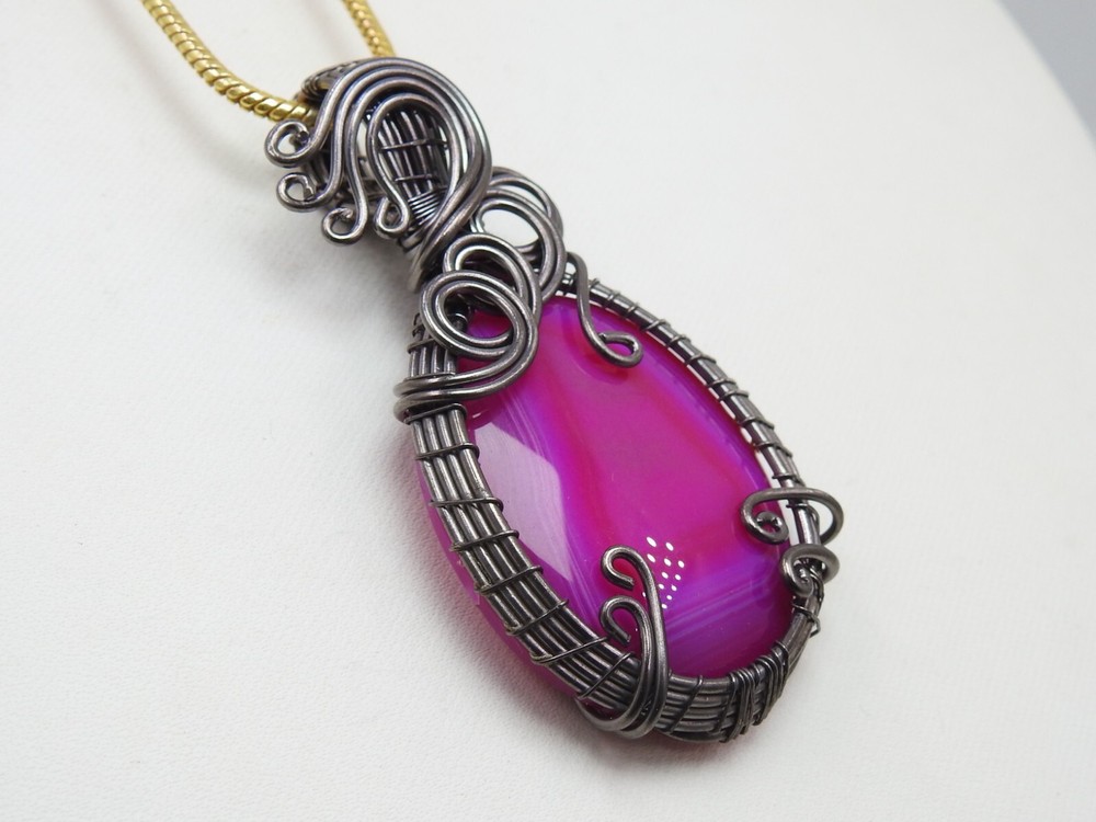 Pink Strip Agate Brass Pendant Silver Oxidised Polished Wire Wrapped Jewelry