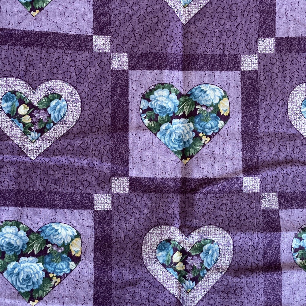 purple heart block blue floral rose patchwork cheater 1.6 yards