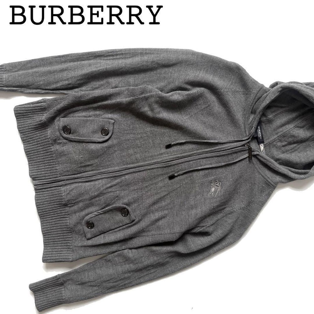 Burberry London Knit Hoodie Zip Gray Horse Logo Embroidery Women's M AB Rank