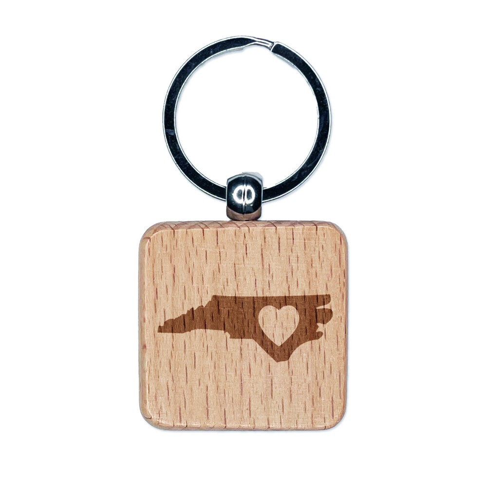 North Carolina State with Heart Engraved Wood Square Keychain Tag Charm