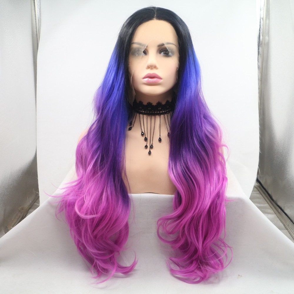 Long Wavy Purple to Blue Gradient Lace Front Wig Heat Resistant Glueless