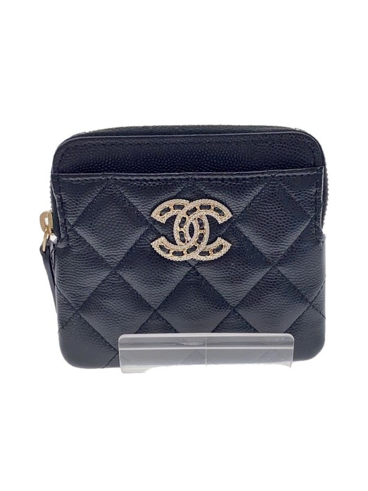 Authentic CHANEL Black Caviar Matelassé Coin Purse with Crystal CC Logo Pre-Owned