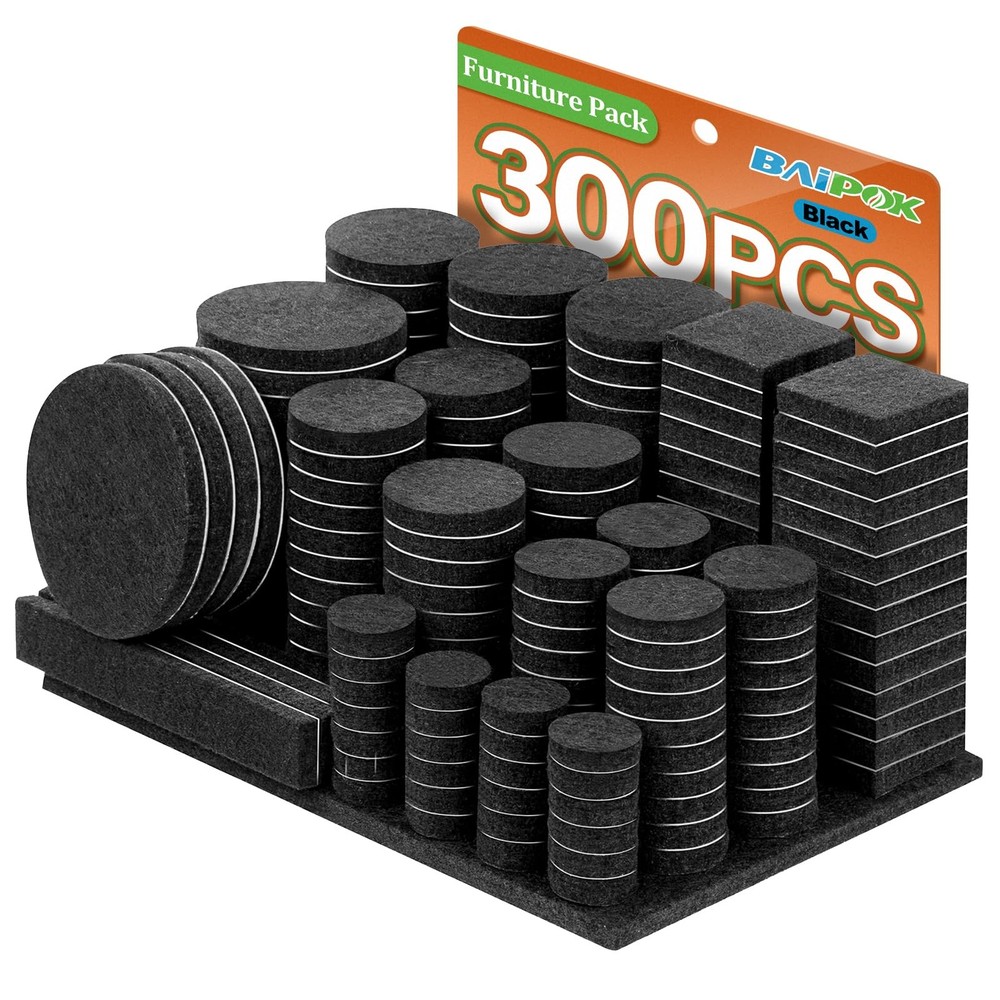 Furniture Pads 300 Pieces Felt Premium Huge Pack, Black, Black