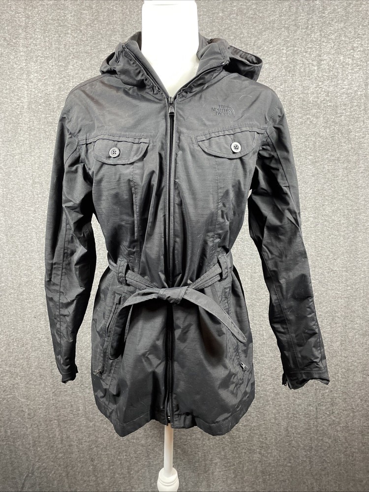 North Face Black Lined Nylon Parka Jacket with Hood and Belt Size L