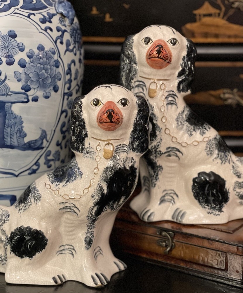 🎉🎉🎉 Glorious Black White English Staffordshire Spaniel Mantle Dog Pair 10”