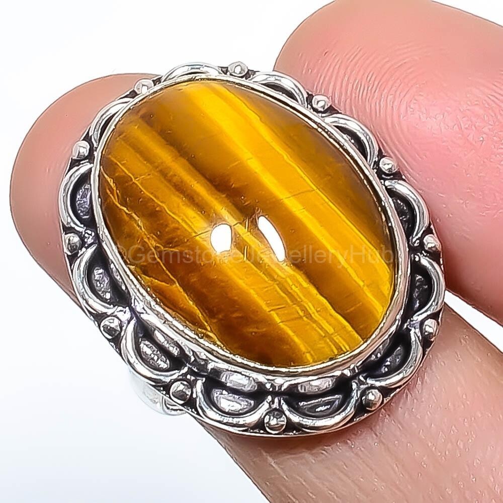 Cyber Monday Deal Sterling Silver Tigers Eye Gemstone Wife Statement Ring Size 7-image