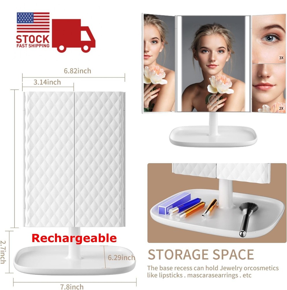 LED Makeup Mirror With Lights 1X, 2X, 3X Magnification Touch Control Trifold
