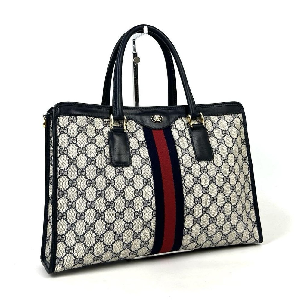 Vintage GUCCI GG Supreme Sherry Leather PVC Navy Gray Business Bag Japan