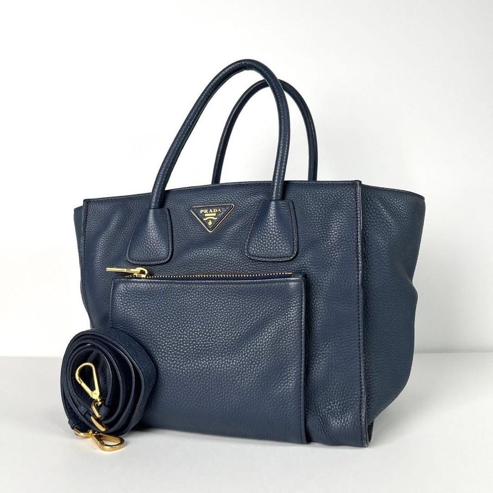 Prada 2Way Vitterodyno Tote Bag Leather Navy