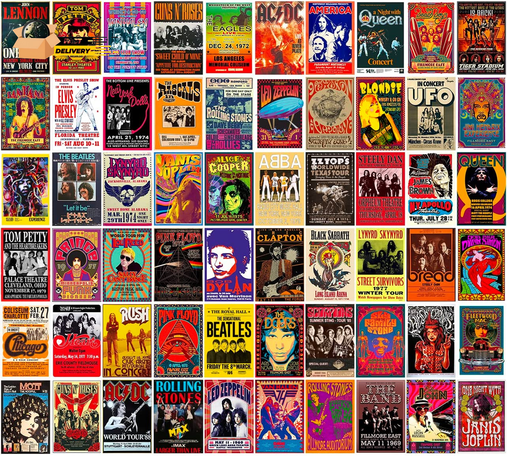 60 PC Vintage Rock Band Posters, 70S 80S 90S Retro Concert Prints, Bedroom Wall
