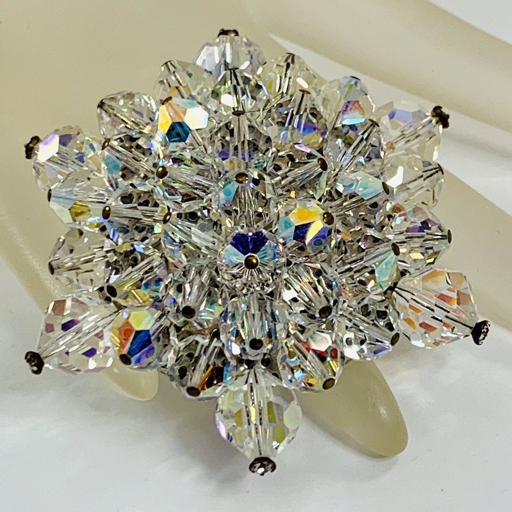 Vintage Aurora Borealis Crystal Cluster Beaded Five Pointed Star Brooch Pin