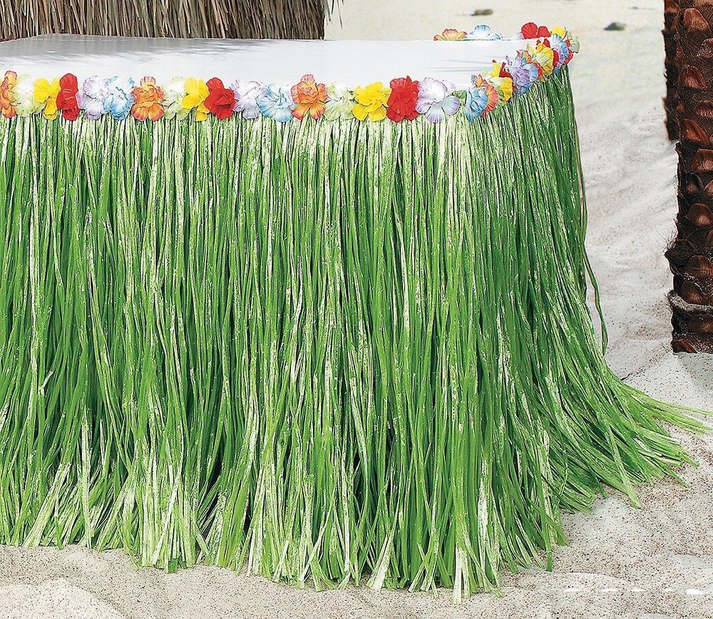 Colorful Tropical Plastic Grass Skirt Table Border with Realistic Flowers #117