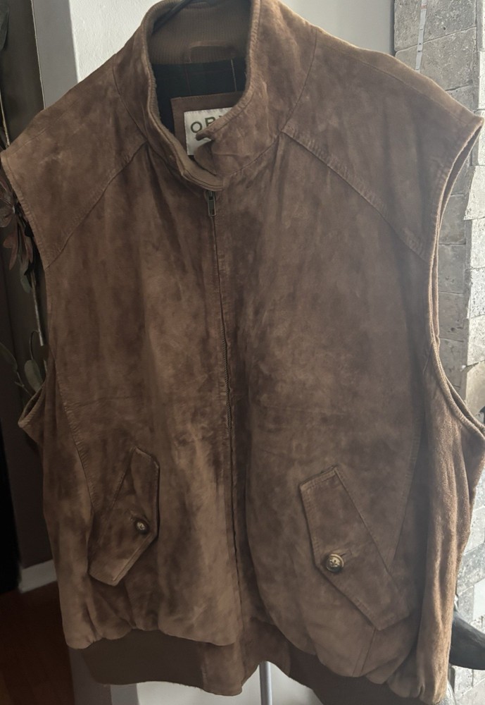 Orvis Brown Suede Men's Vest Stand-Up Collar Button Zipper Accents Pockets