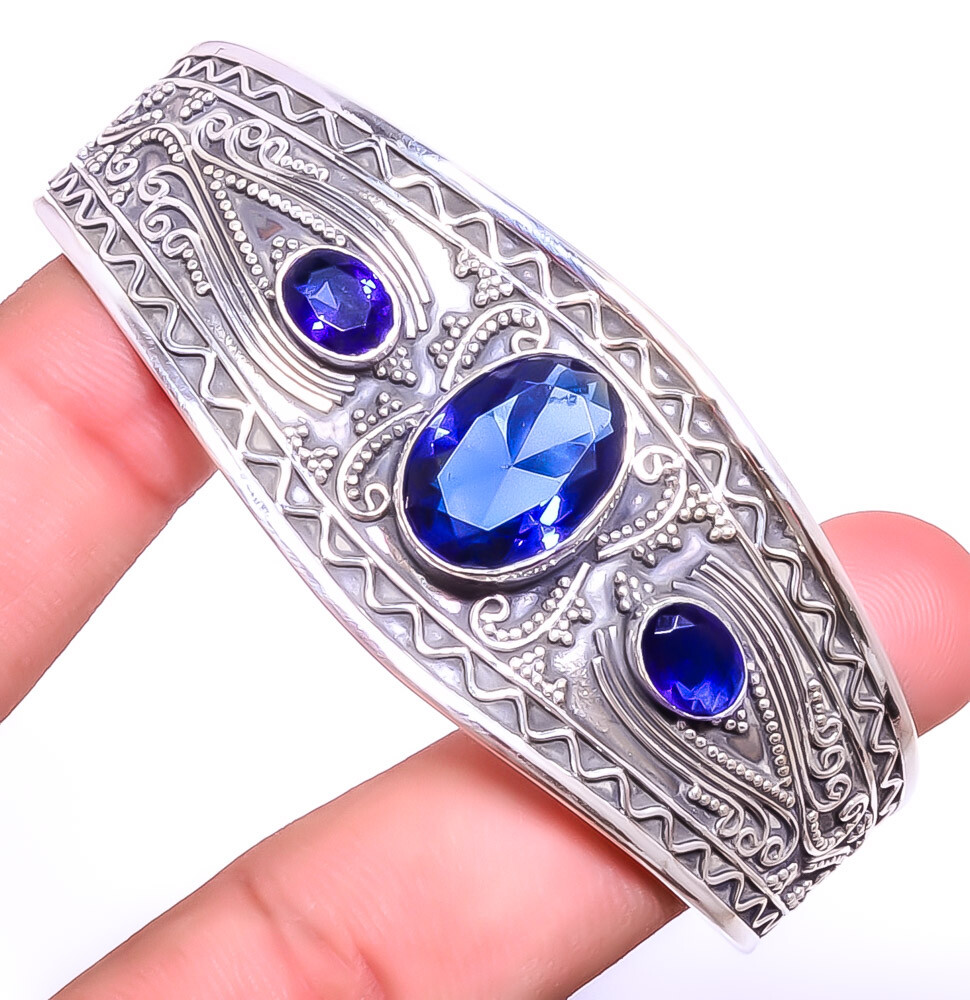 Blue Simulated Sapphire 925 Sterling Silver Adjustable Cuff T665 Valentine Gift