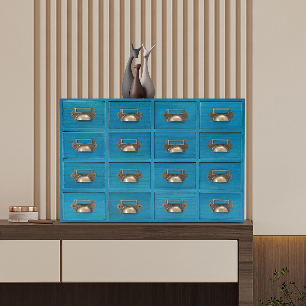 Desktop Drawers Storage Cabinet 16 Drawer Cabinet Wooden Medicine Cabinet Blue
