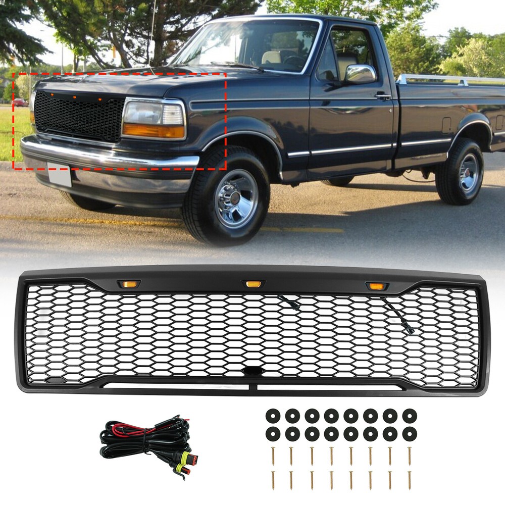 Gloss Black Front Grille W/LED Lights For 1992-1997 Ford F150 F250 F350 Bronco