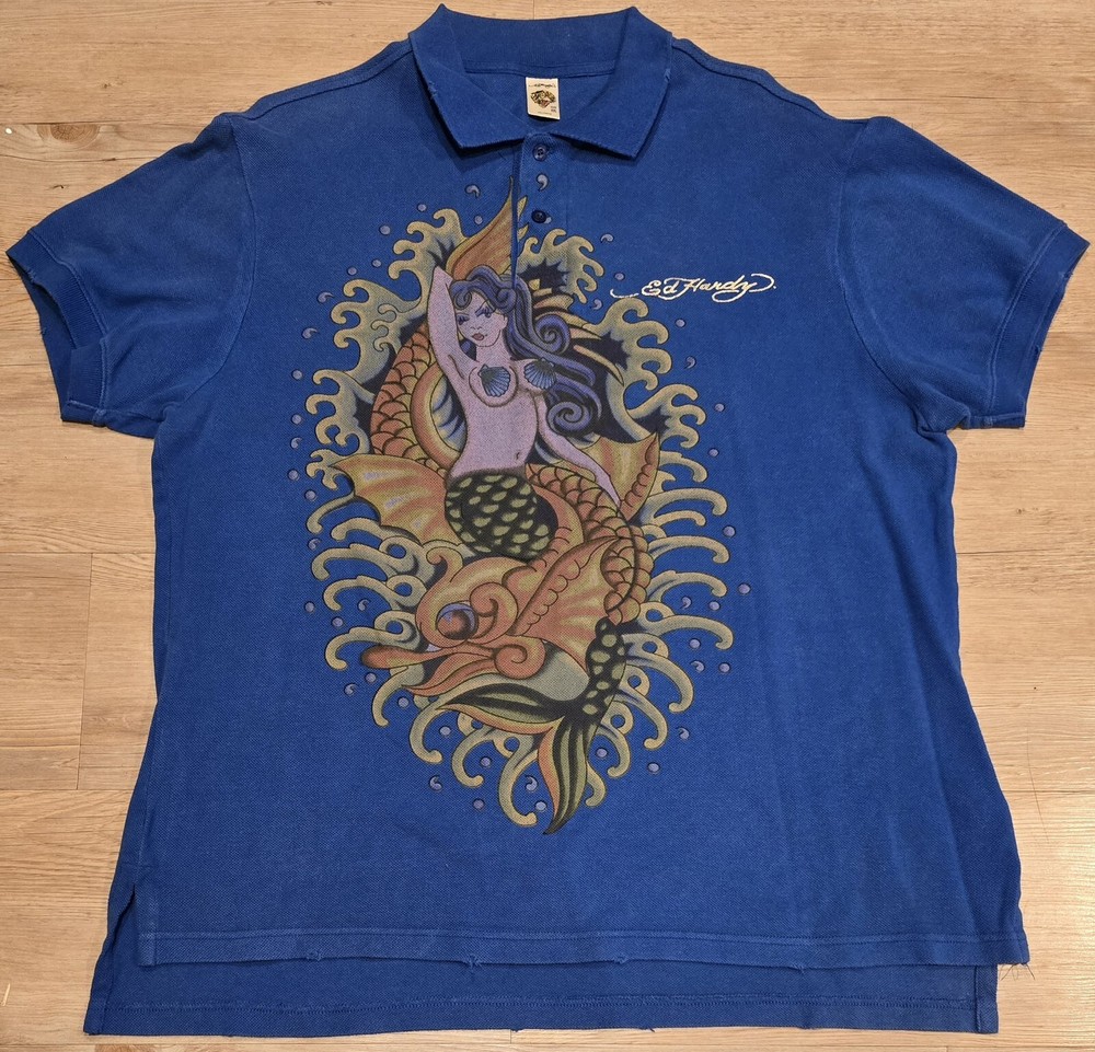 Don Ed Hardy Christian Audigier Men's XXL Blue Polo Shirt 3 Button Collar