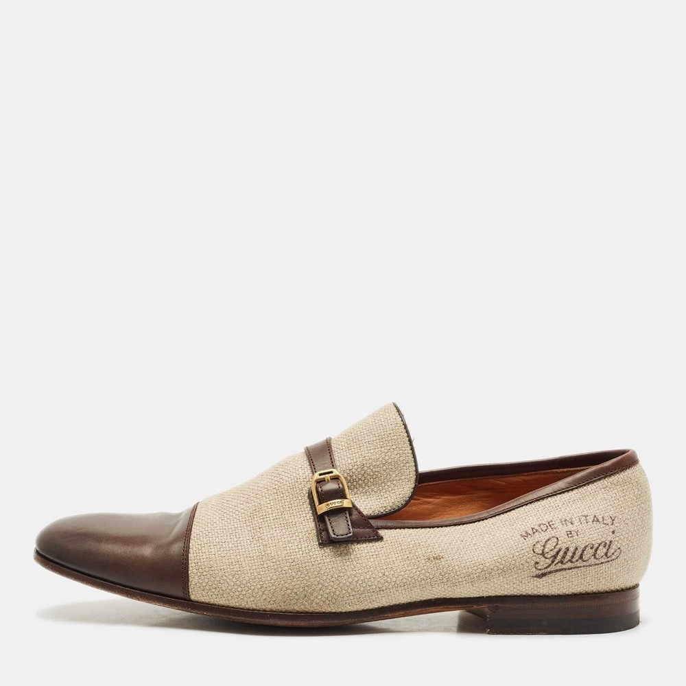 Gucci GG Monogram Canvas Leather Slip On Loafers Beige Brown Size 43