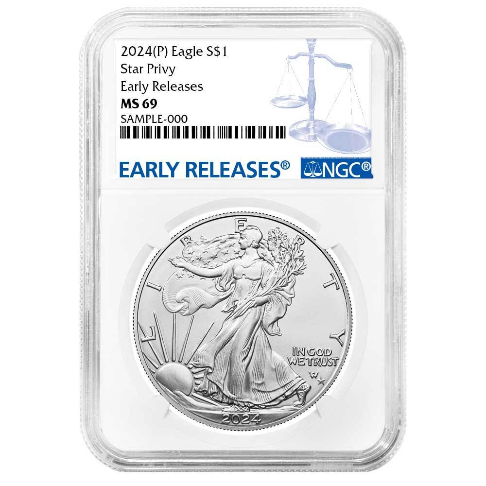 Presale - 2024 (P) $1 1-oz American Silver Eagle Star Privy NGC MS69 ER Blue ...-image
