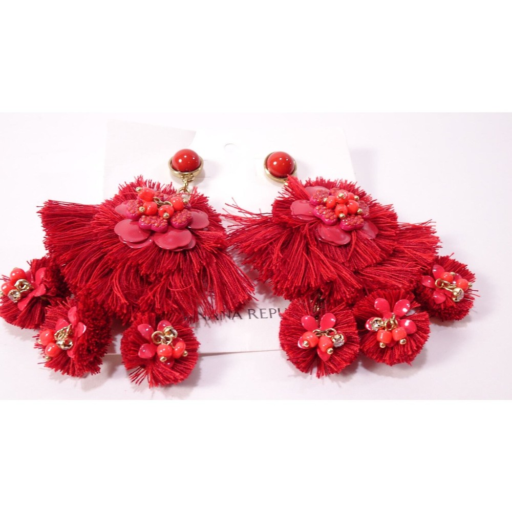 Banana Republic festive fringe bead statement earrings in red NWT 78
