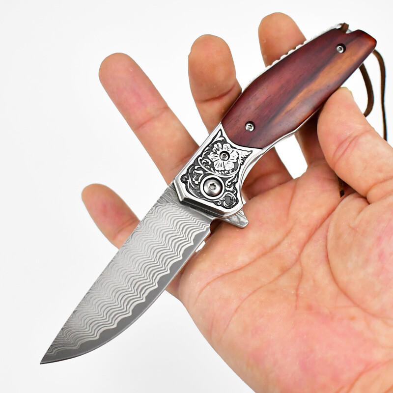 Damascus steel folding pocket knife for outdoor camping and survival  