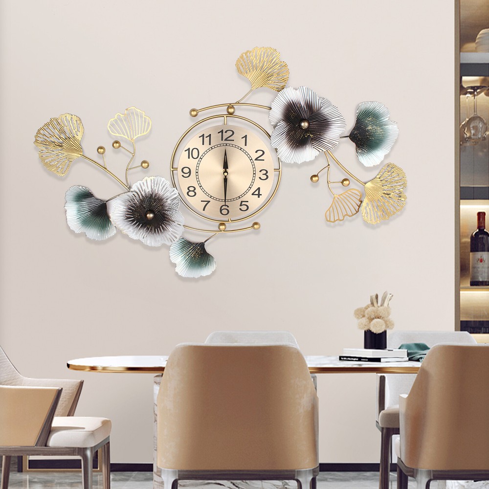 90*45cm Large Metal Wall Clock Ginkgo Leaf Wall Watch Living Rooms Homes Decor