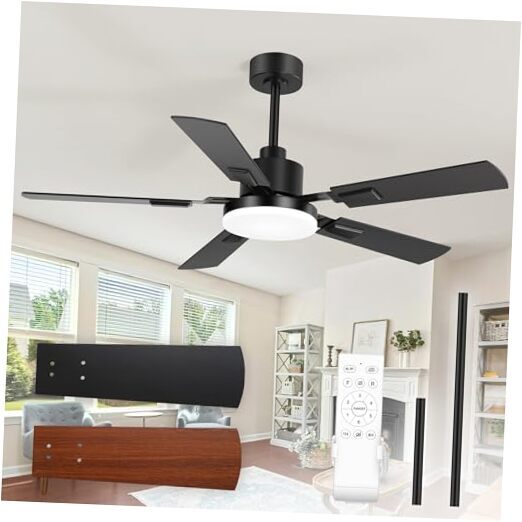 52 Inch Black Ceiling Fan with Light and Remote Control for Indoor Use