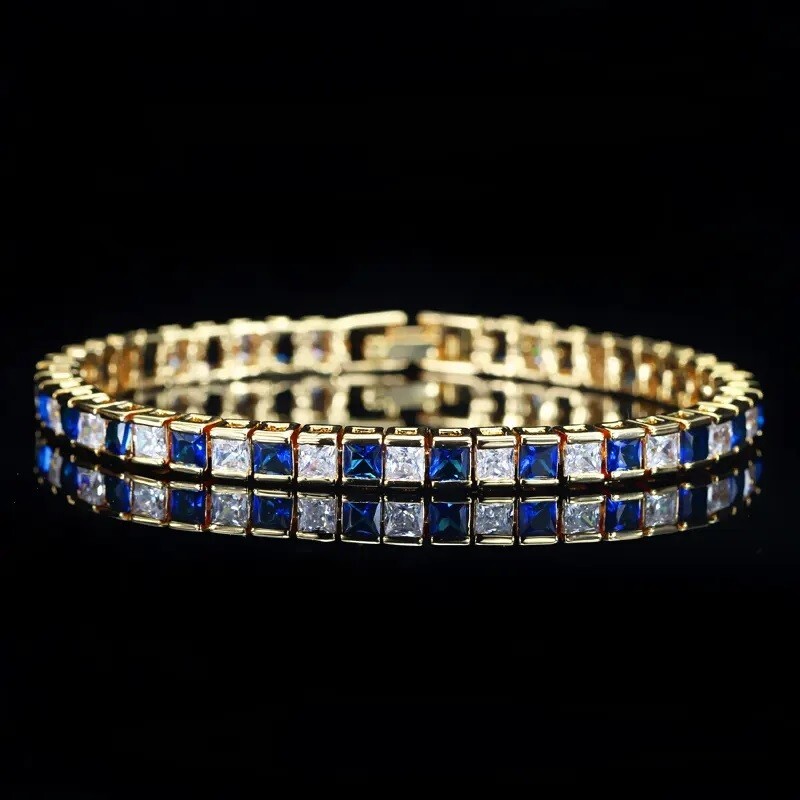 19ct Created Princess Diamond & Blue Sapphire Yellow Gold Plated Tennis Bracelet