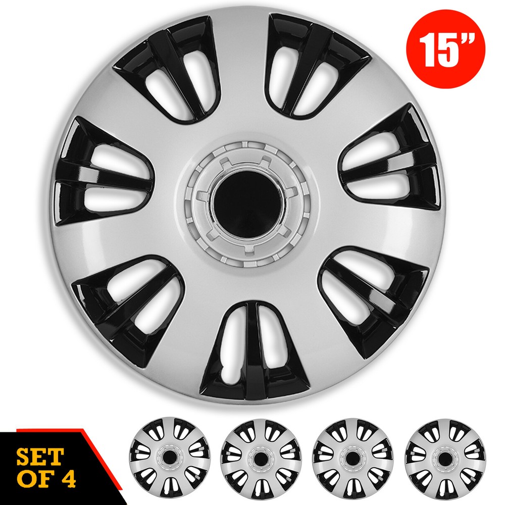 Set of 4 Silver Black Lacquer 15 Inch Hubcaps for Chevy Toyota Nissan Wheel Covers