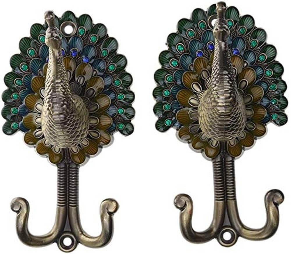 2pcs Peacock Double Head Metal Wall Hooks for Coats Towels Hangers