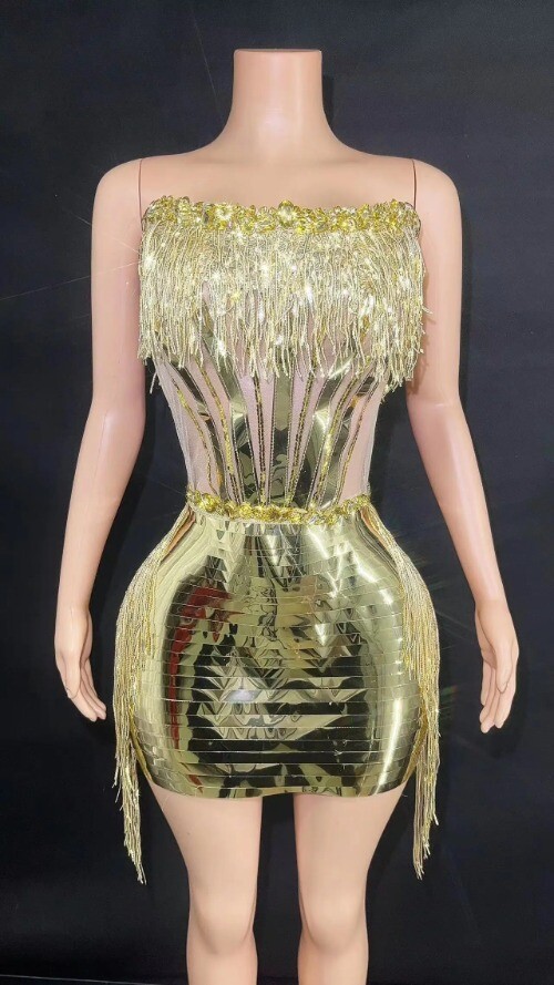 Sparkly Gold Sequins Rhinestones Short Tube Bandage Dress Sexy Show Stage Wear