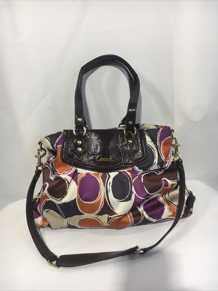 Coach Ashley Op Art Scarf Print Sateen Patent Mahogany Satchel Bag F20113
