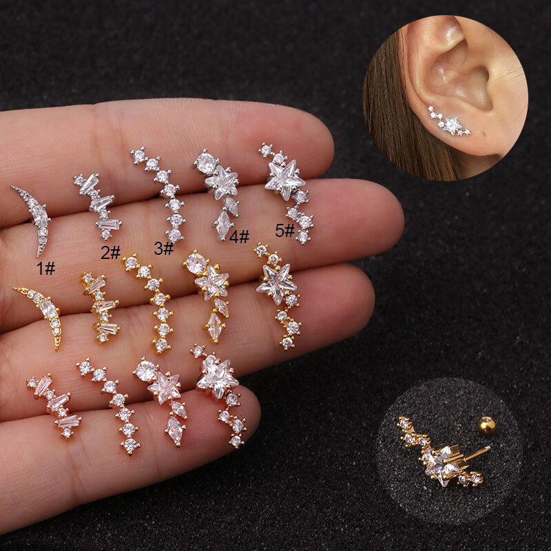 Zircon Piercing Earring Jewelry Star Earring Cartilage Studs Stainless Steel 1pc