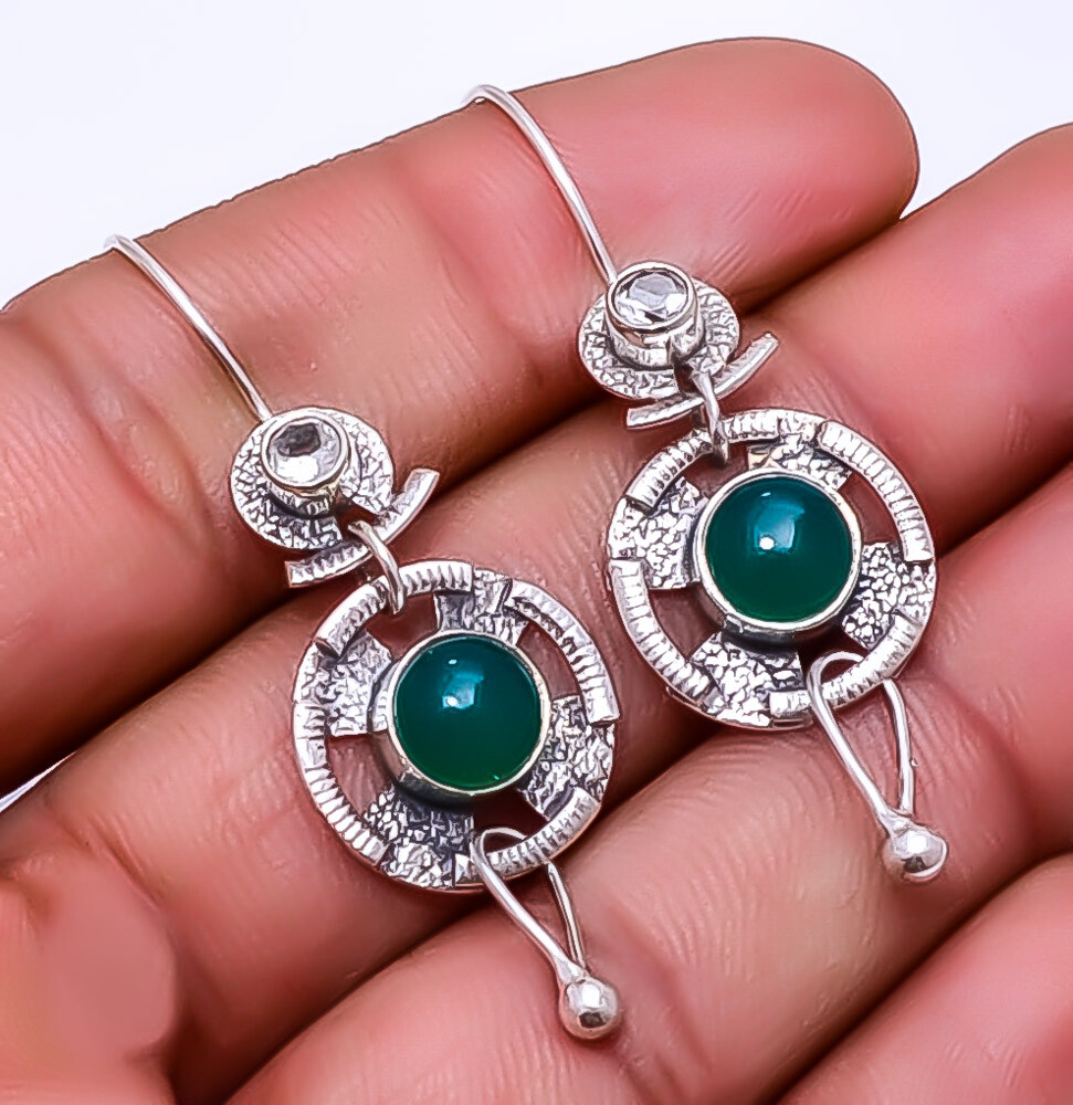 Green Onyx - Sinulated Gemstone 925 Sterling Silver Earring 1.95