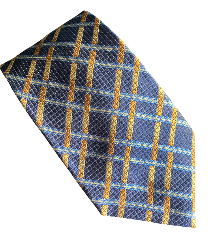 PAUL FREDRICK Men's Italian Silk Neck Tie BLUE-COPPER-GOLD Plaid Stripes WOVEN
