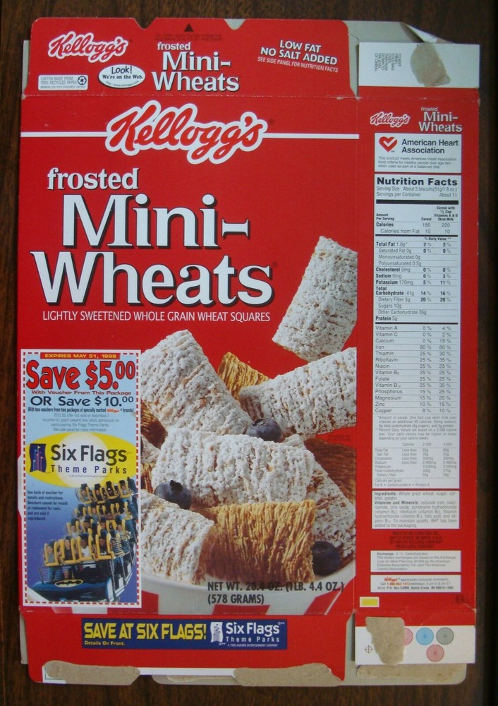 1997 Kellogg's Frosted Mini-Wheats Cereal Box with Six Flags Coupon-image