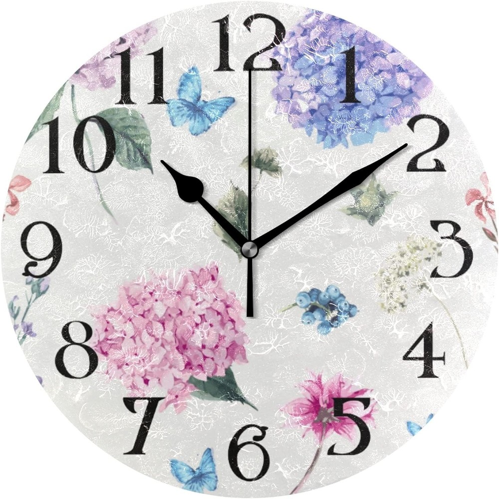 Hydrangea Butterflies Summer Flower Wall Clock 9.5 Inch Non-Ticking Silent Clock