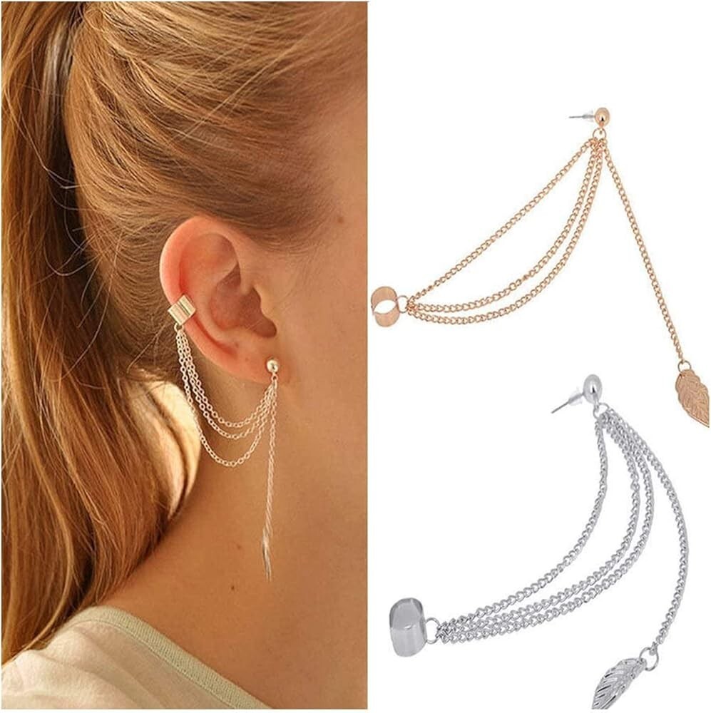 Stylish Punk Leaf Tassel Ear Crawler Multi-Layered Stud Cuff Earrings for a Bold Look