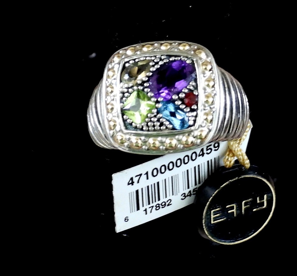 Effy Balissima Multistone Square Sterling Silver 18k Gold Ring Size 7