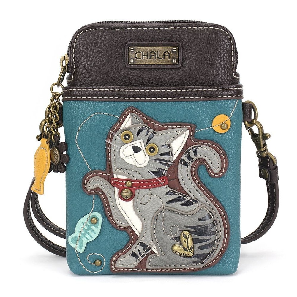 NEW CHALA GRAY STRIPE TABBY CAT KITTEN CELL PHONE CROSSBODY PURSE BLUE