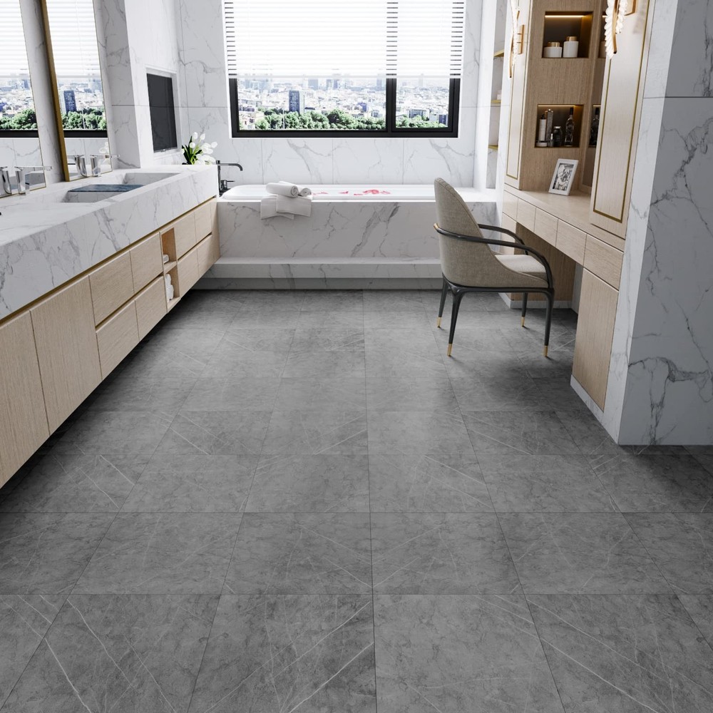 16-Pack Grey Marble Peel and Stick Floor Tiles Waterproof Vinyl Floor Tiles 1...
