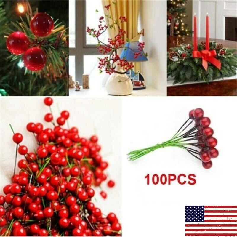 100x Christmas Berry Artificial Branch Decoration Pick Holly Wrapping Gift Card