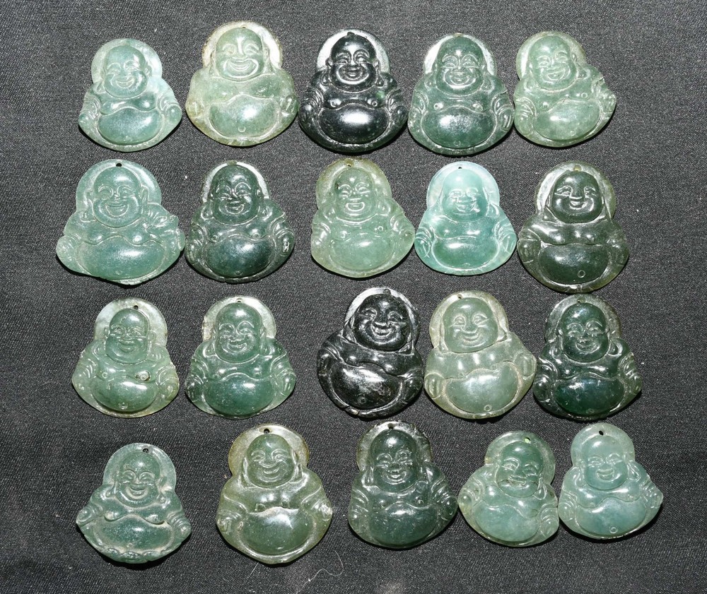 2.5CM China Jadeite Emerald Happy Laugh Maitreya Buddha Amulet Pendant Set